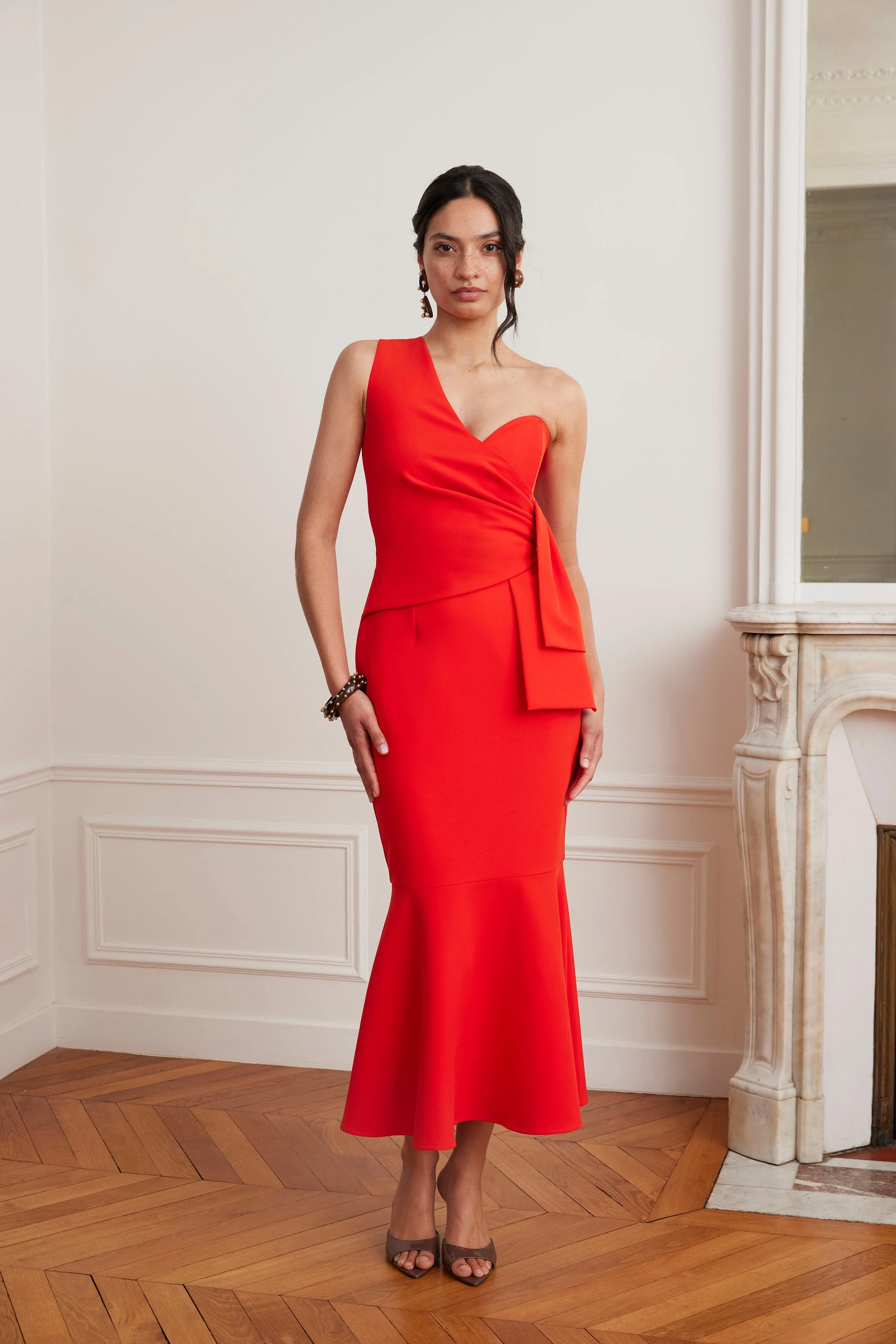 ADELAIDE One Shoulder Fluted Midi Hem Dress With Bow Detail In Red