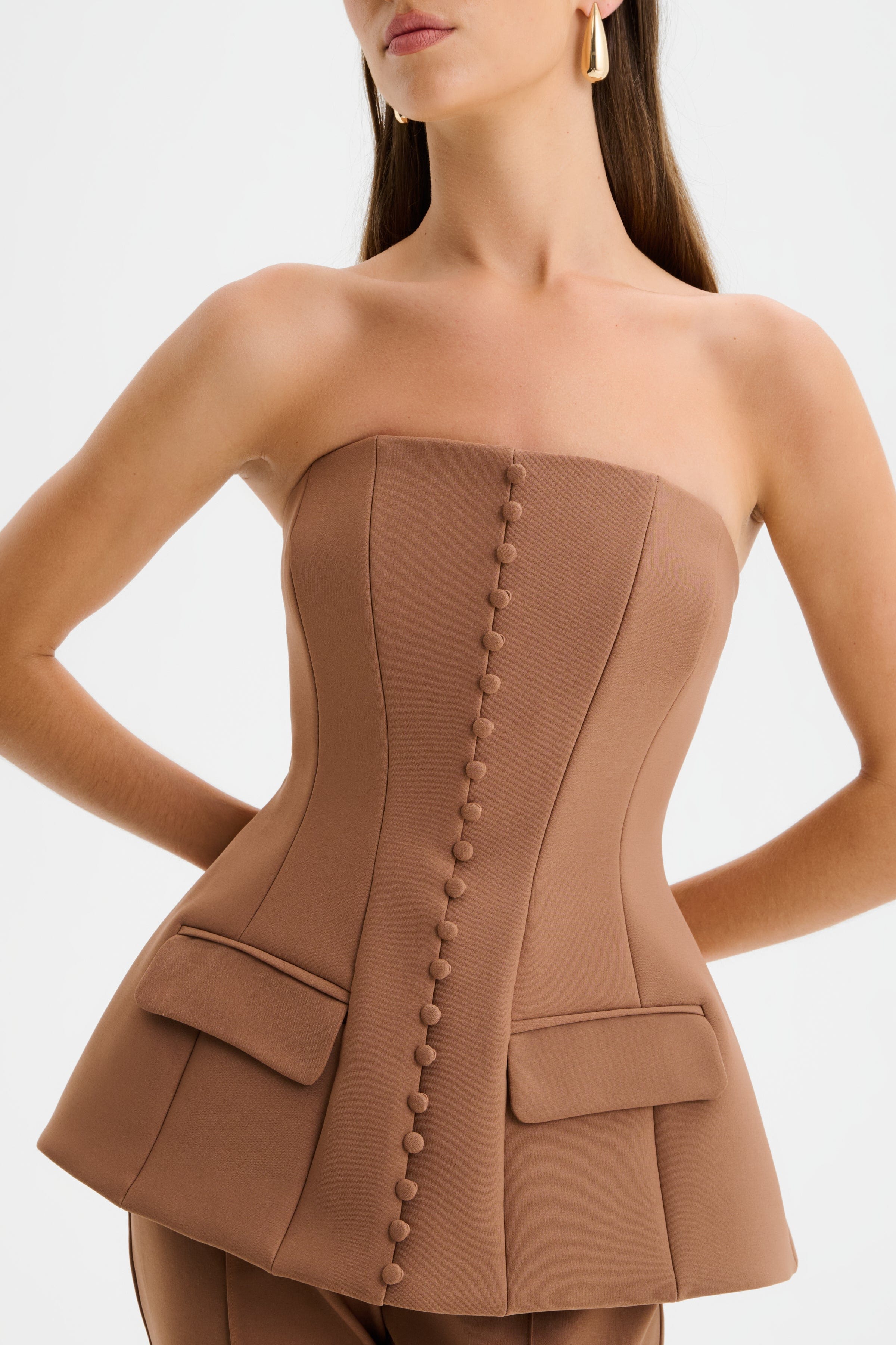 AMY Structured Strapless Jumpsuit in Brown - Image 2
