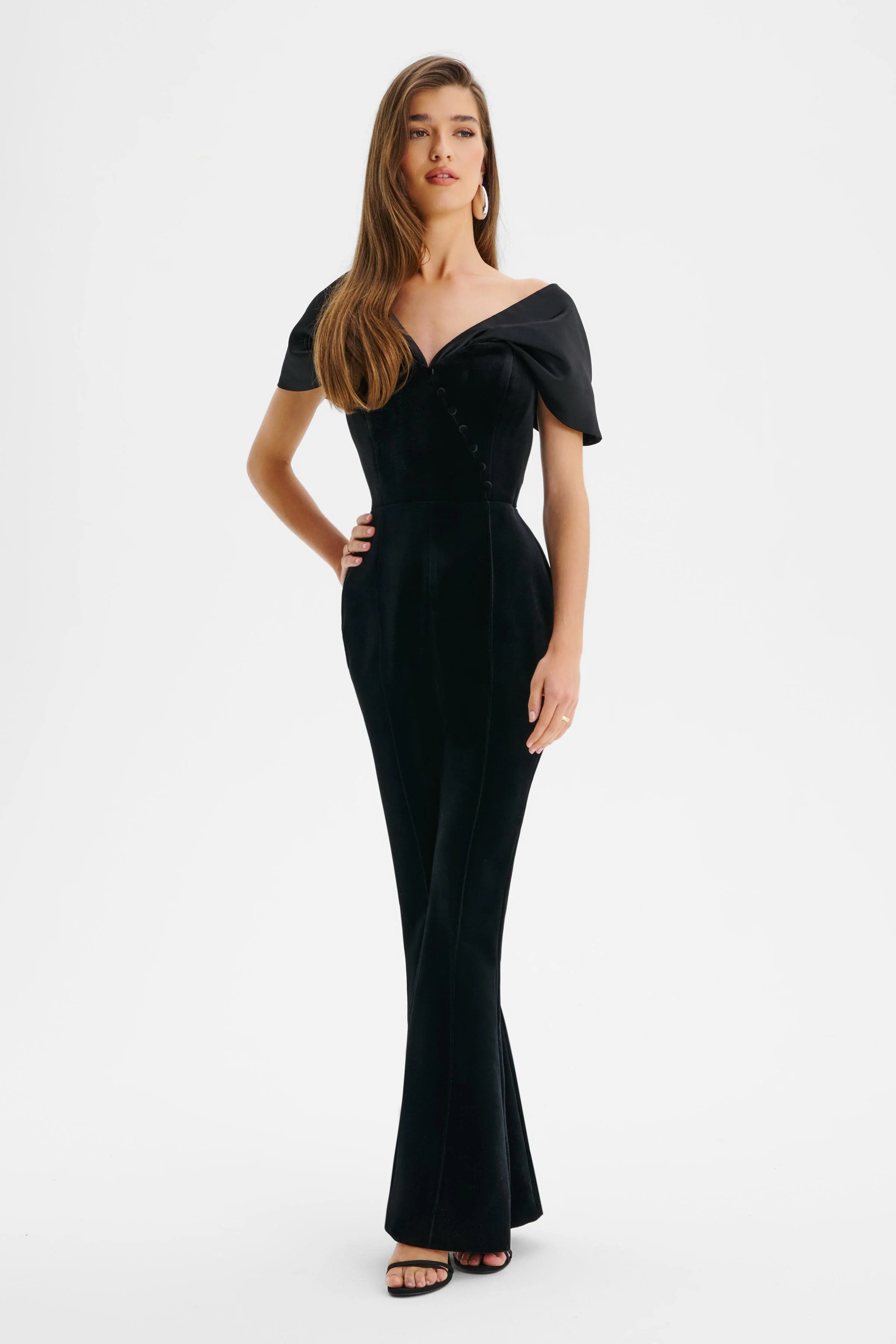 ANTONIA Velvet Satin Mix Bardot Jumpsuit In Black - Image 2