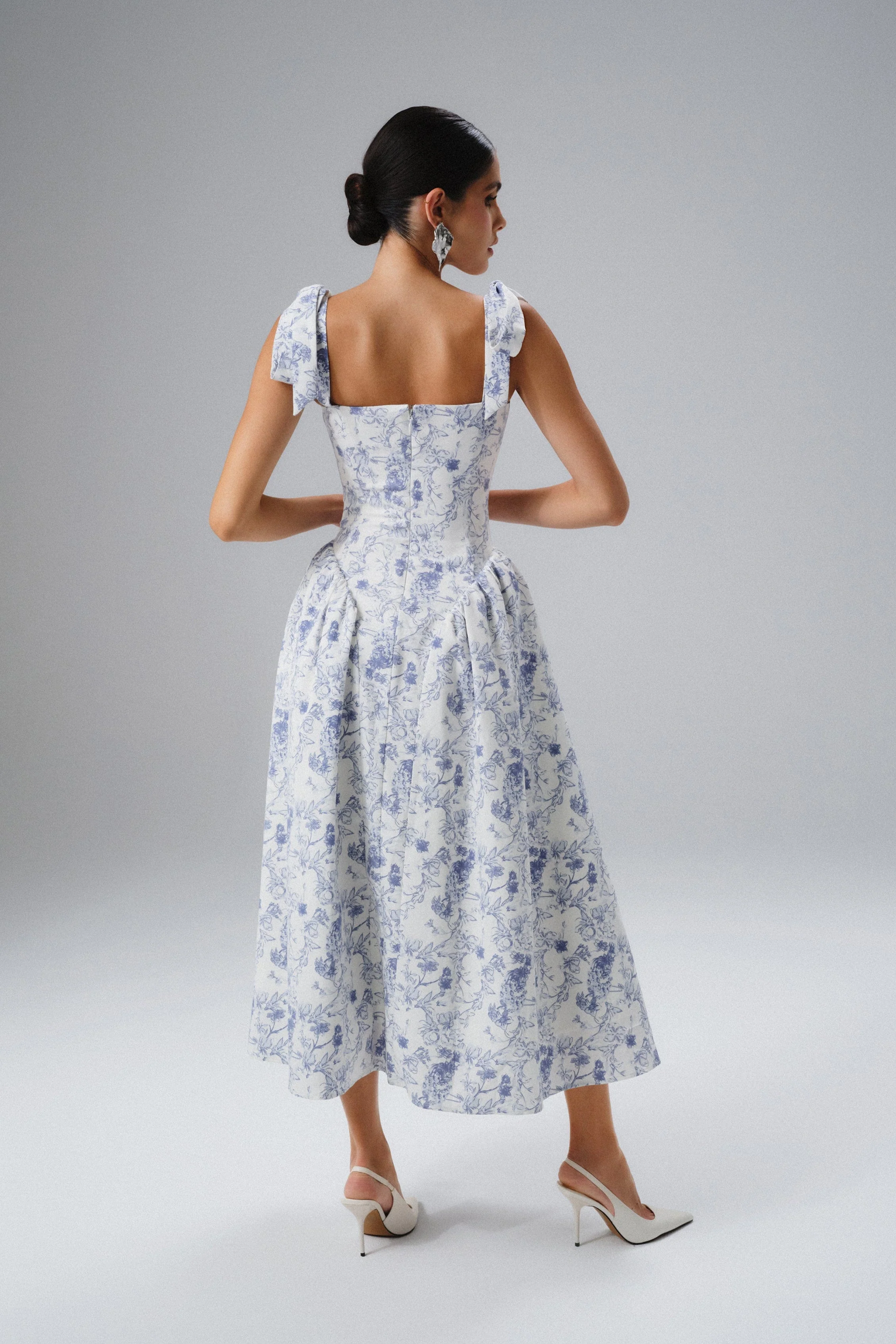 BLOSSOM Tie Shoulder Corset Midi Sundress In Blue Porcelain - Image 4