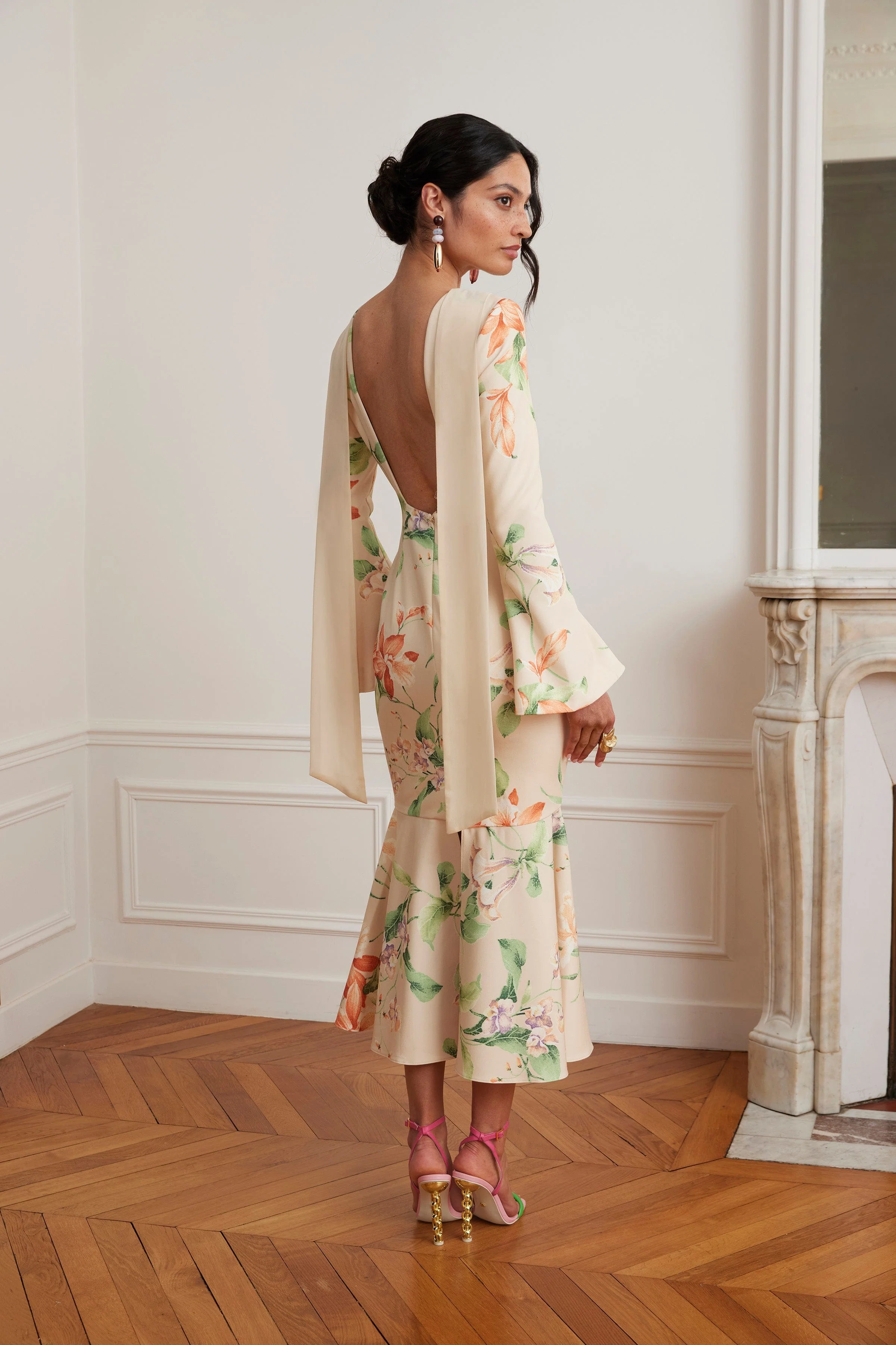 BROOKE Floral Print Fishtail Midi Dress With Chiffon Drape In Yellow - Image 2