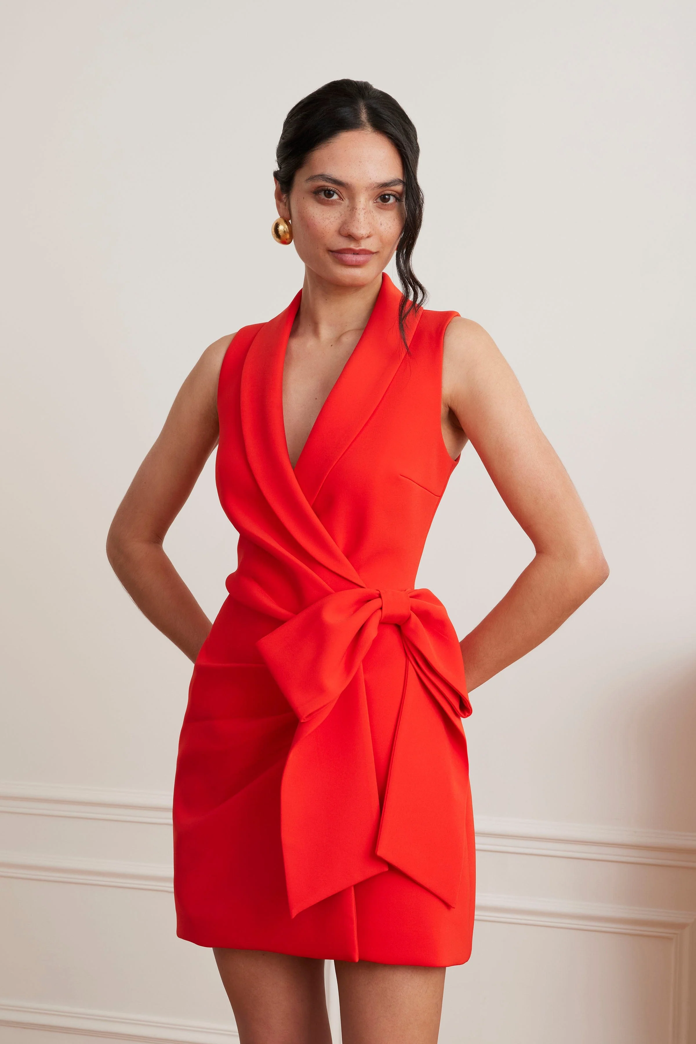 CAMILLE Tailored Blazer Mini Dress With Bow Detail In Scarlet Red