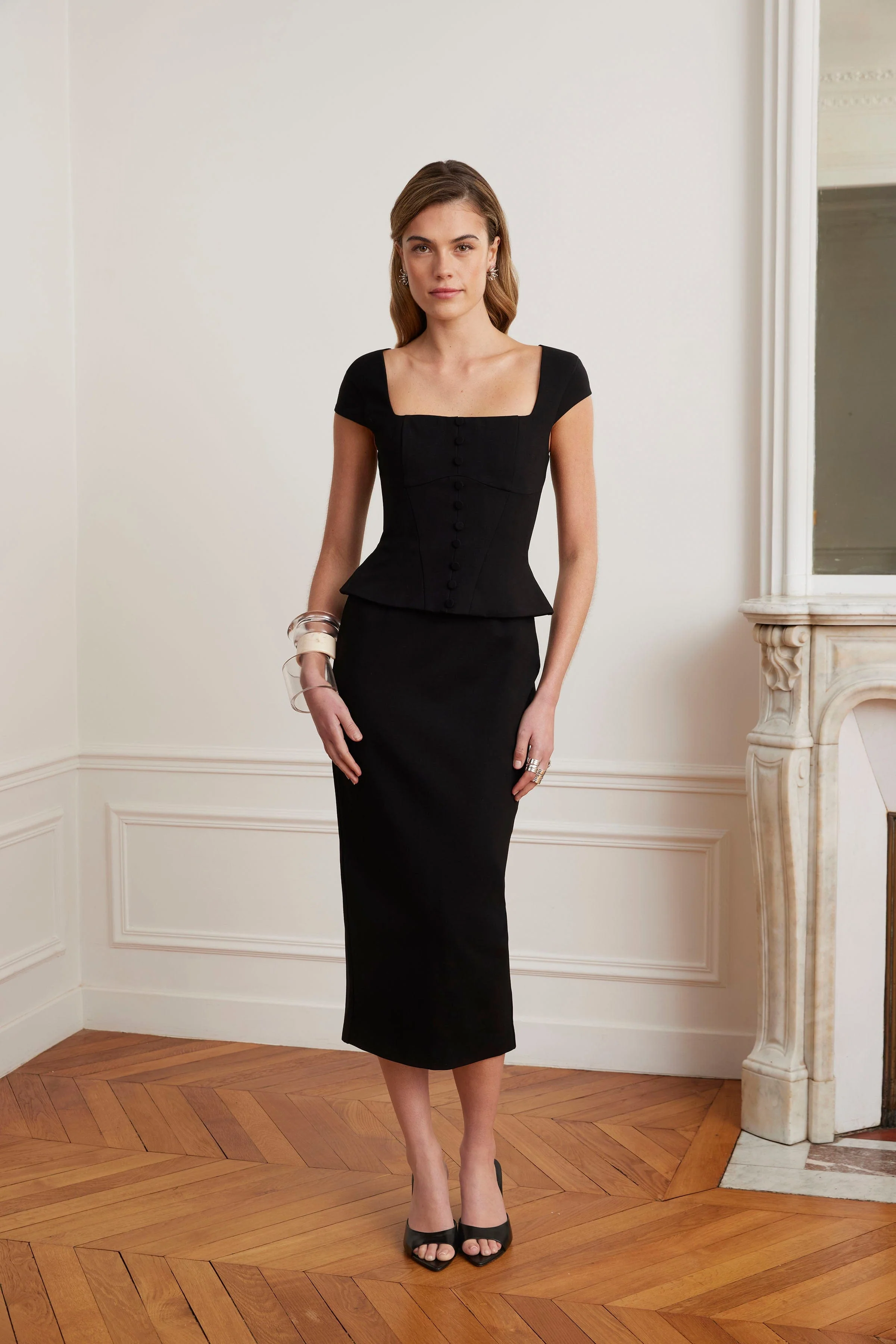 ELISA Corset Peplum Ponte Midi Dress In Black - Image 3