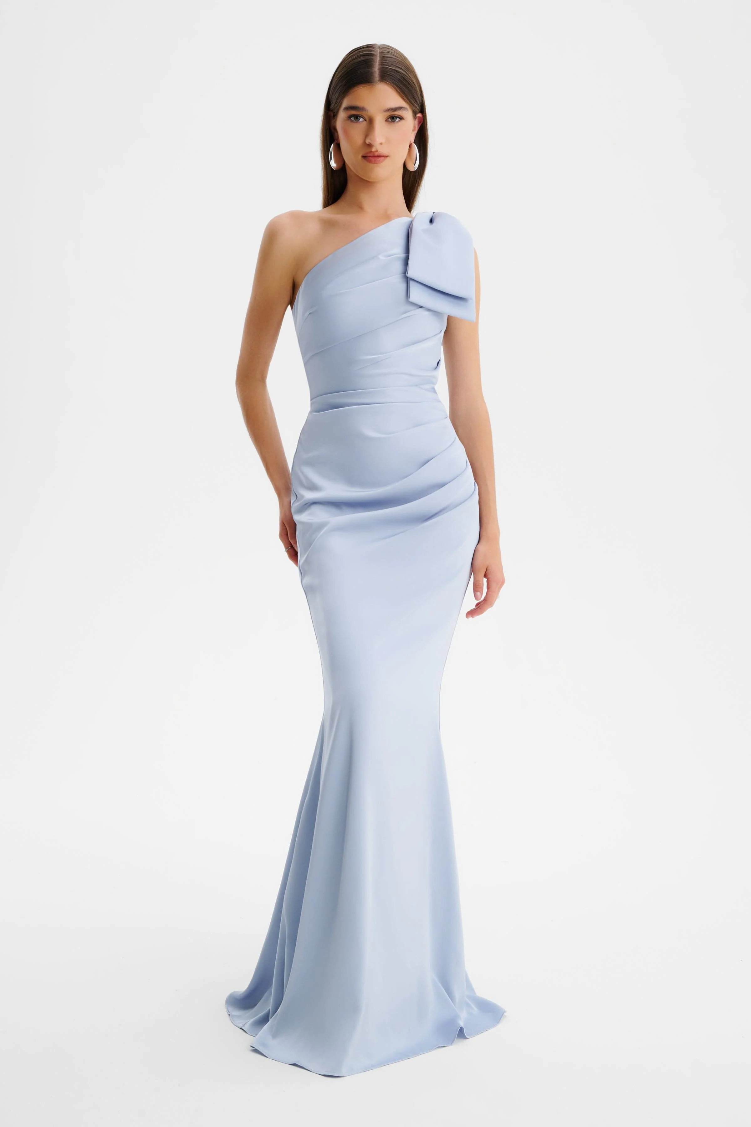 EMELIA One Shoulder Bow Pleated Maxi Dress in Dusty Blue - Image 3