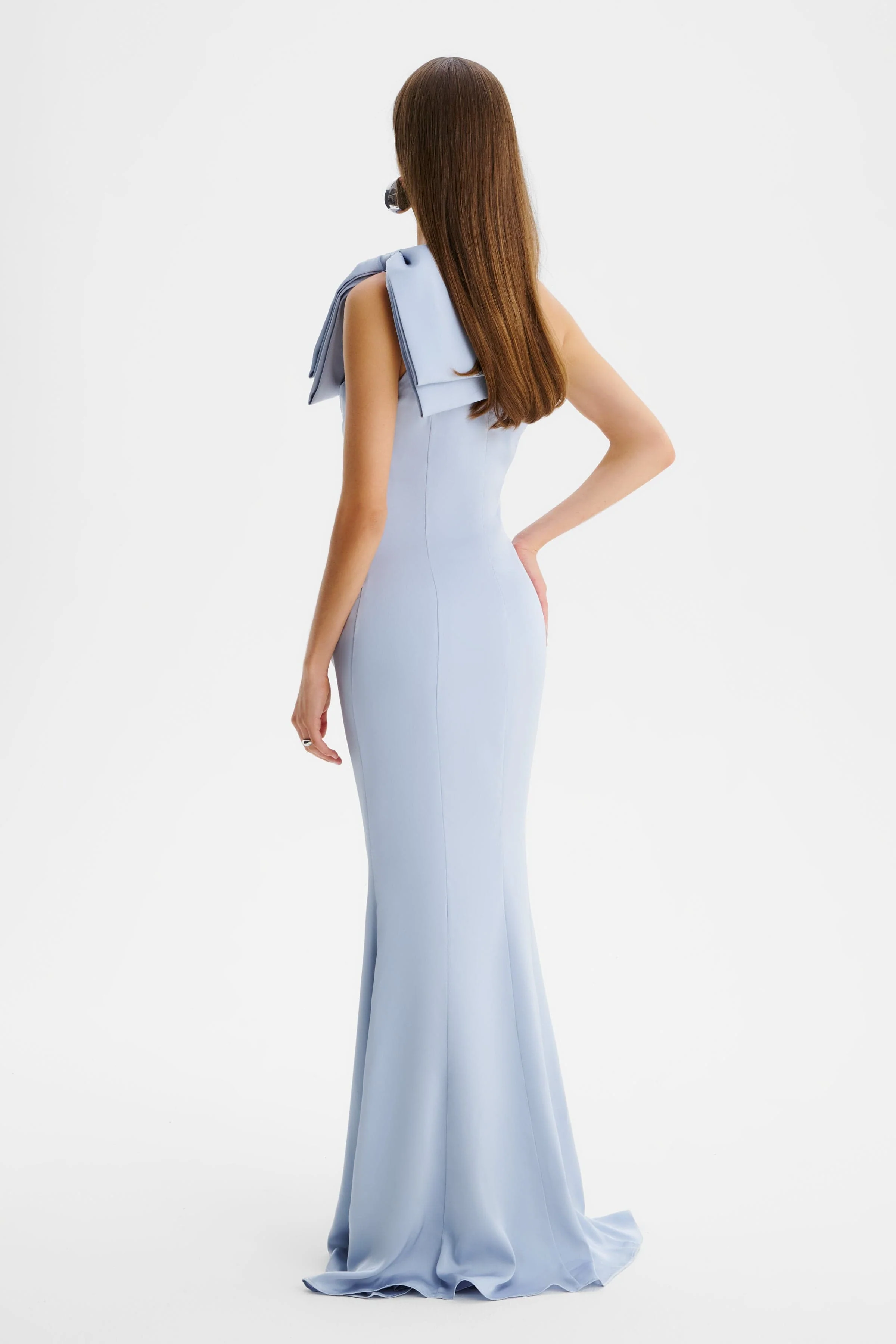 EMELIA One Shoulder Bow Pleated Maxi Dress in Dusty Blue - Image 4