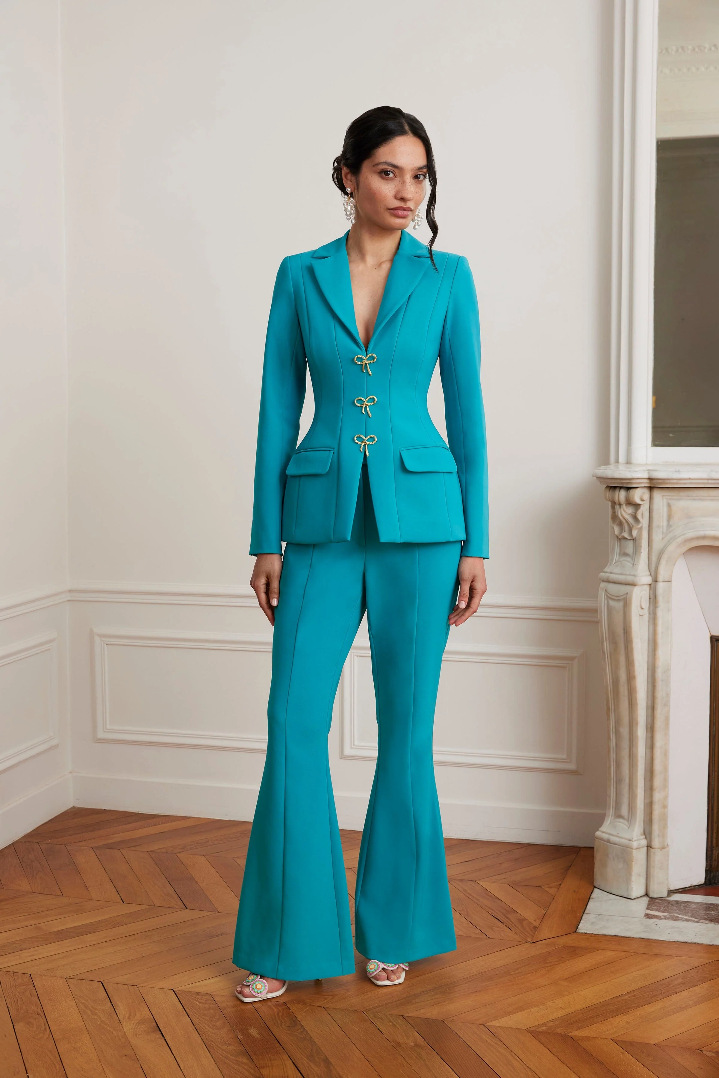 FIORELLA Sculptured Blazer with Gold Bow Hardware in Teal Blue - Image 7
