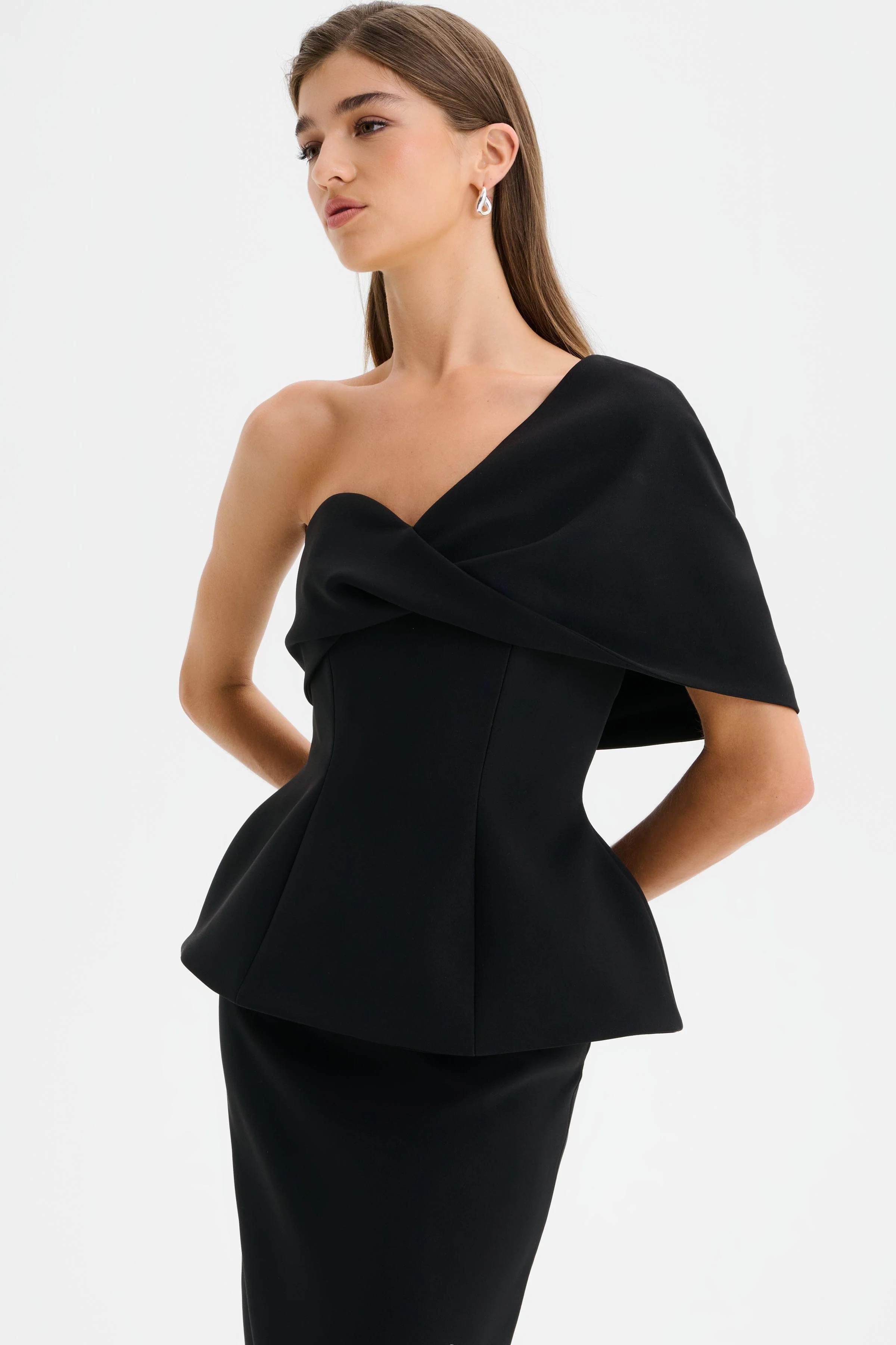 GIOVANNA Twisted Cape Shoulder Maxi Dress in Black - Image 2