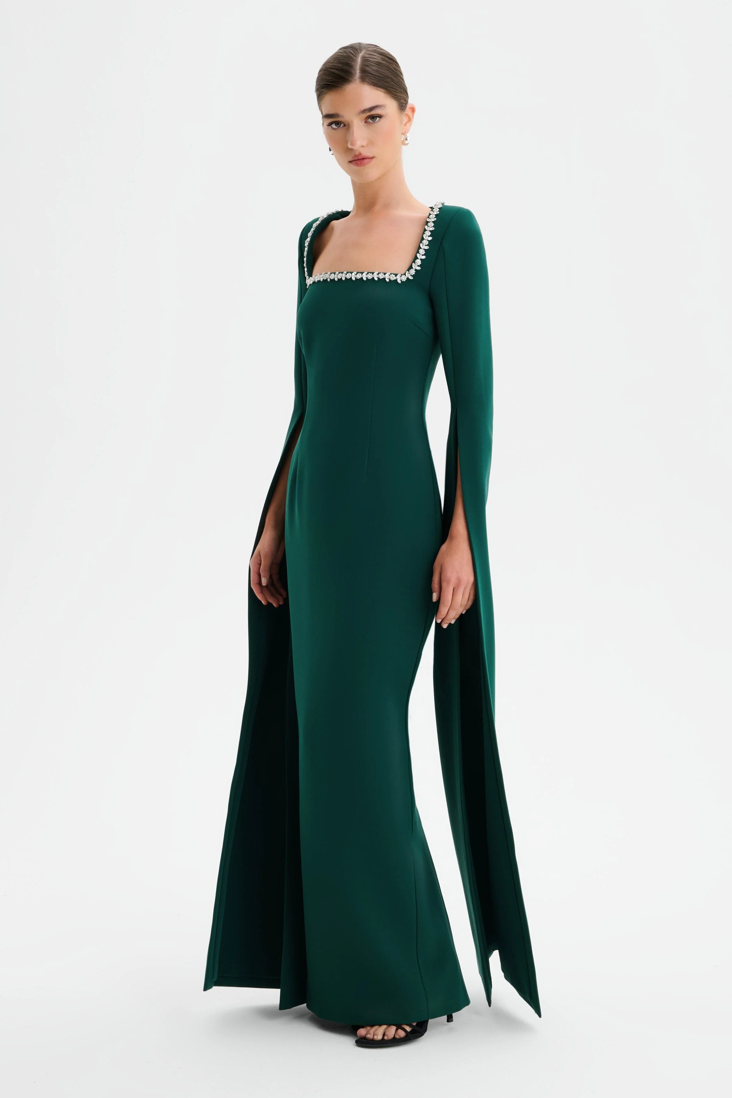 GRACE Square Neck Embellished Cape Sleeve Maxi Dress in Emerald Green - Image 2
