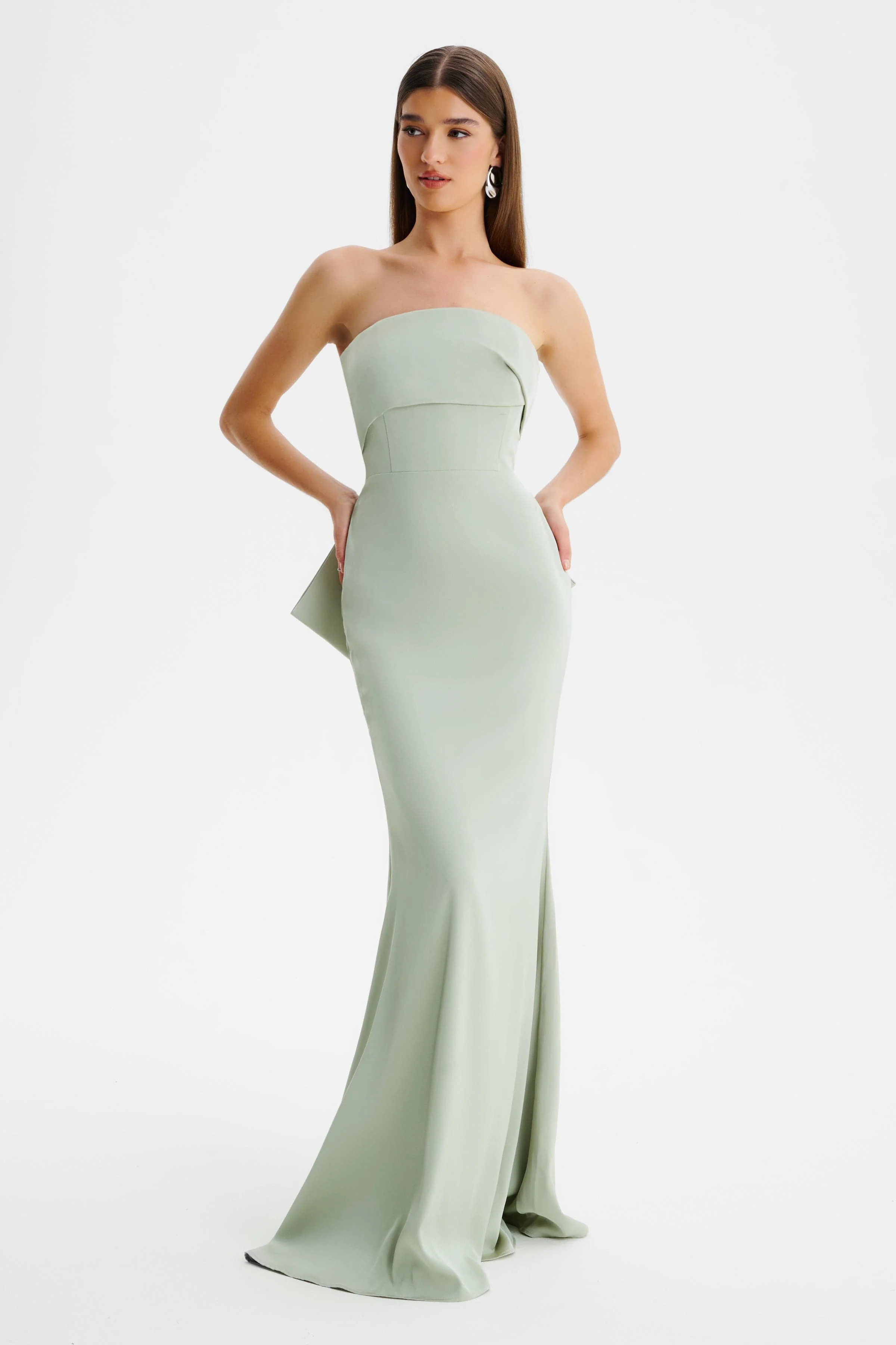 JOVIE Bow Detail Bandeau Satin Maxi Dress in Sage Green - Image 3