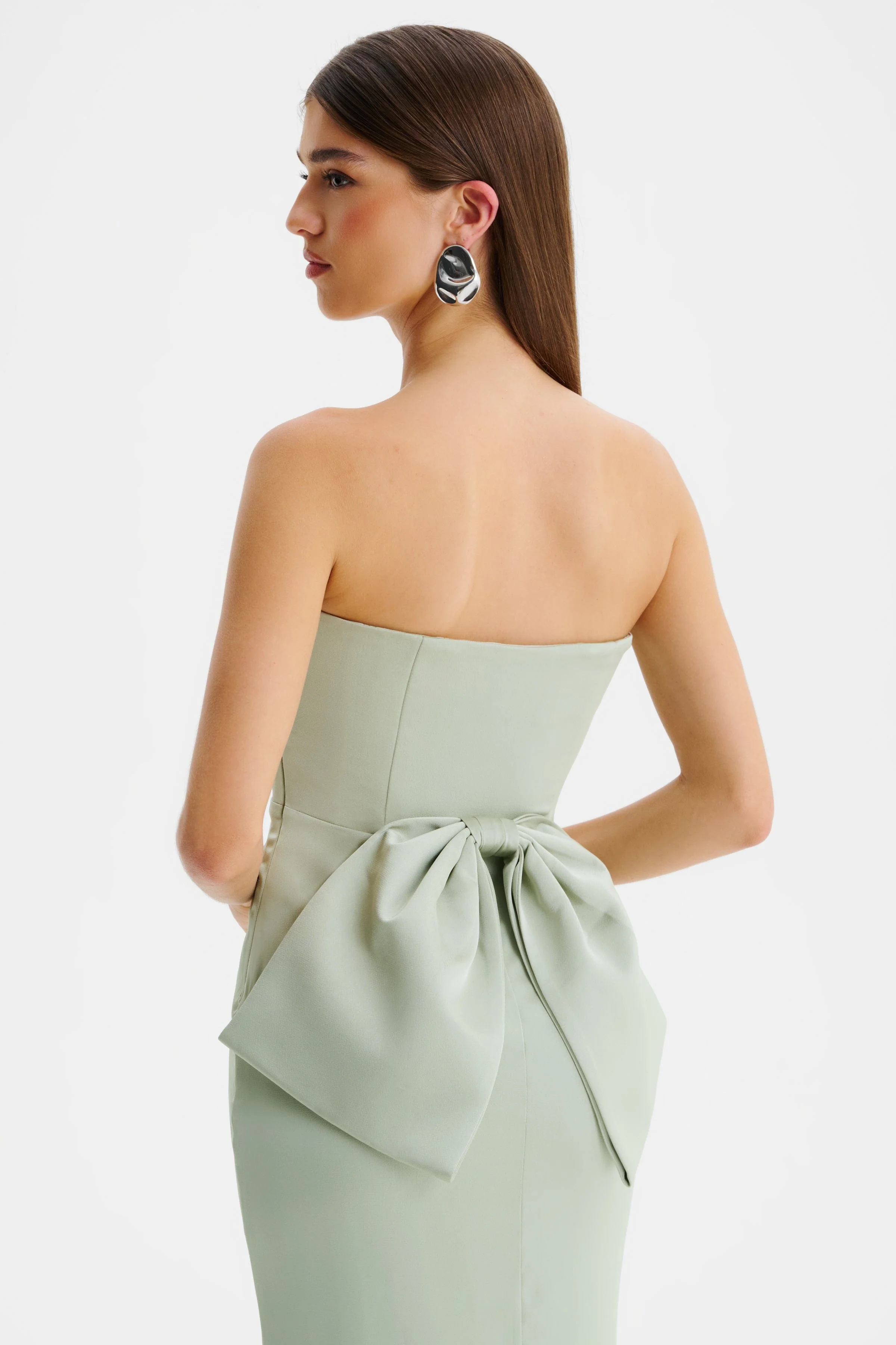 JOVIE Bow Detail Bandeau Satin Maxi Dress in Sage Green - Image 4