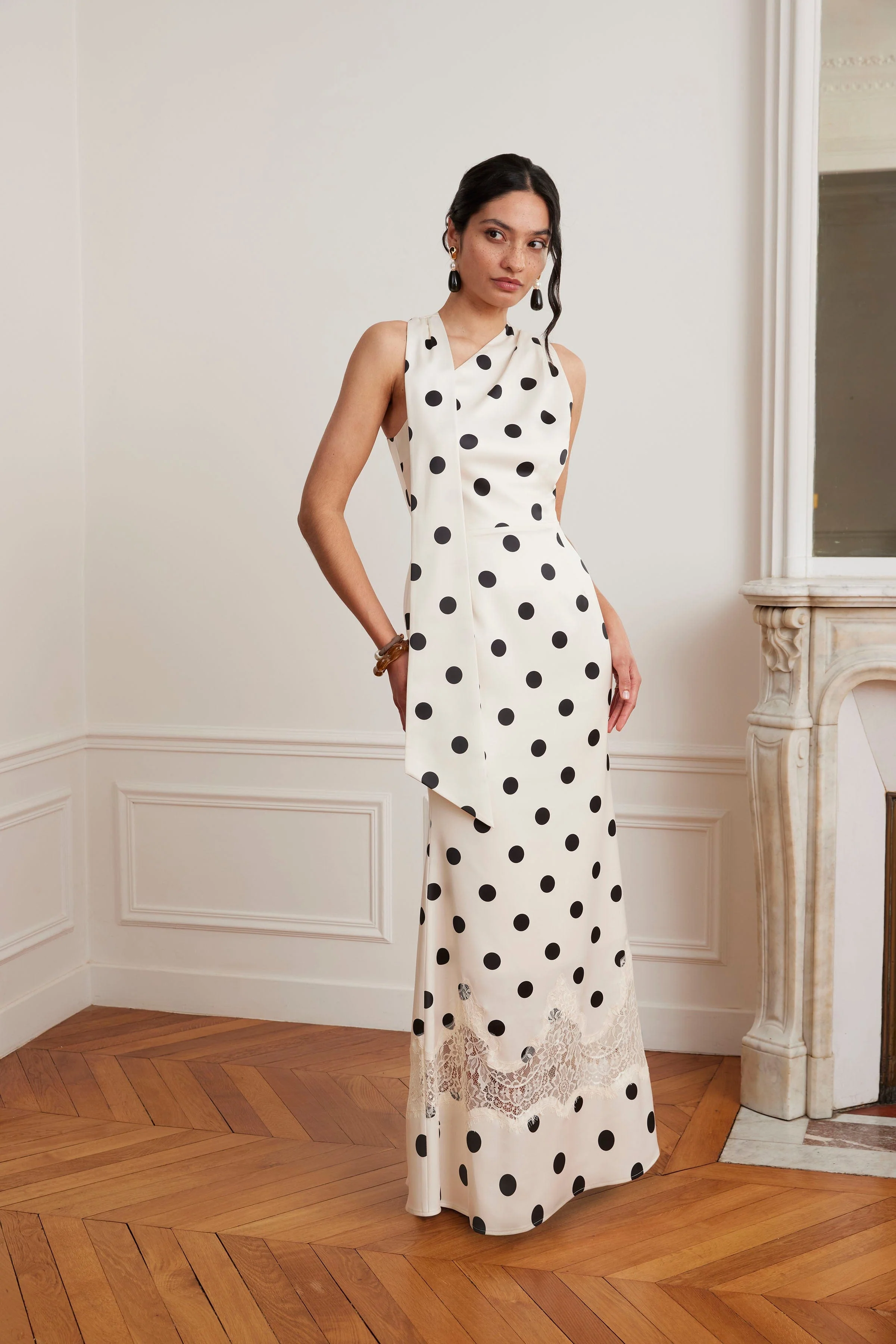 JULIANA Satin Scarf Neck Maxi Dress With Lace Insert In Polka Dot Print - Image 2