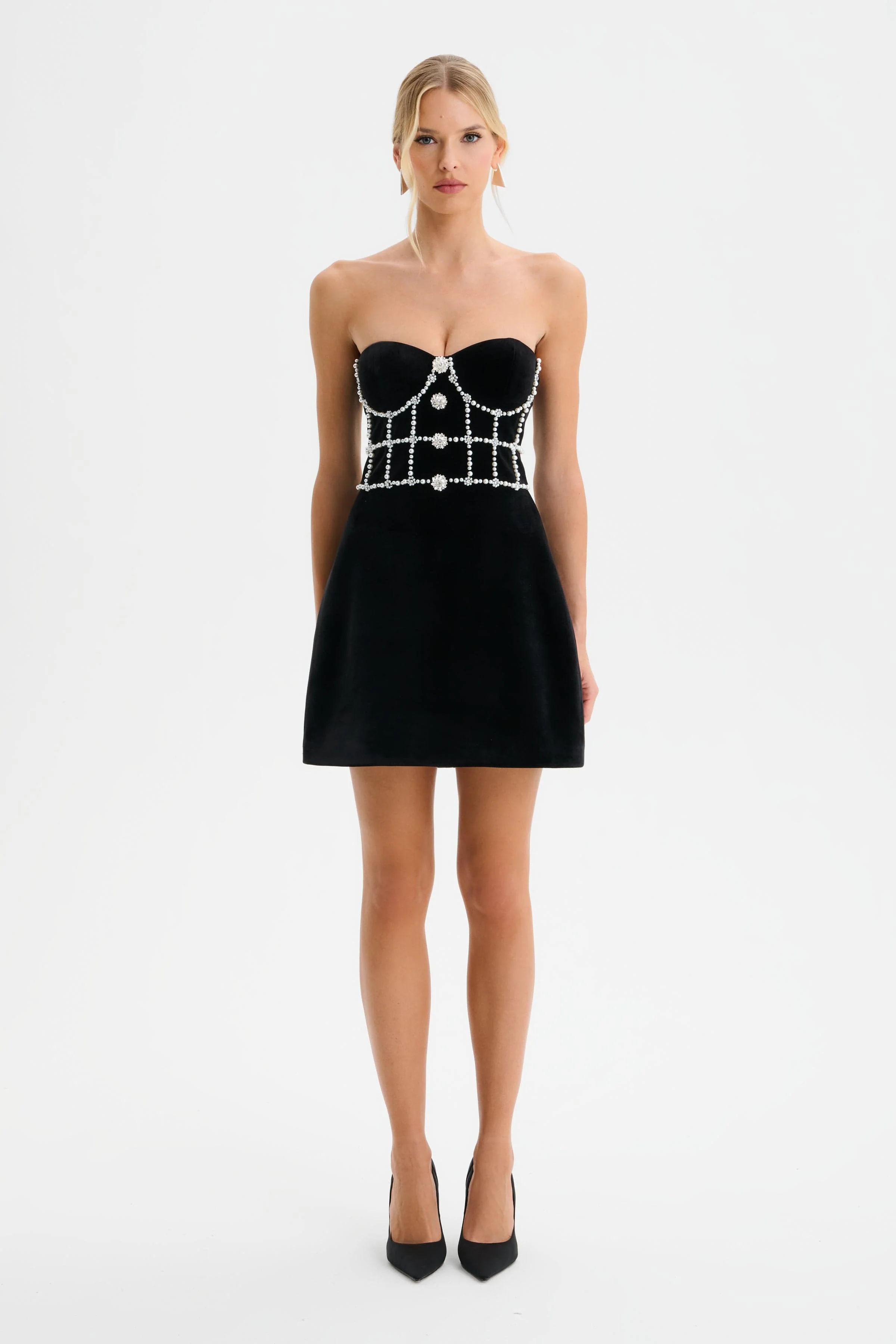 MASIE Pearl Embellished Velvet Tulip Dress in Black