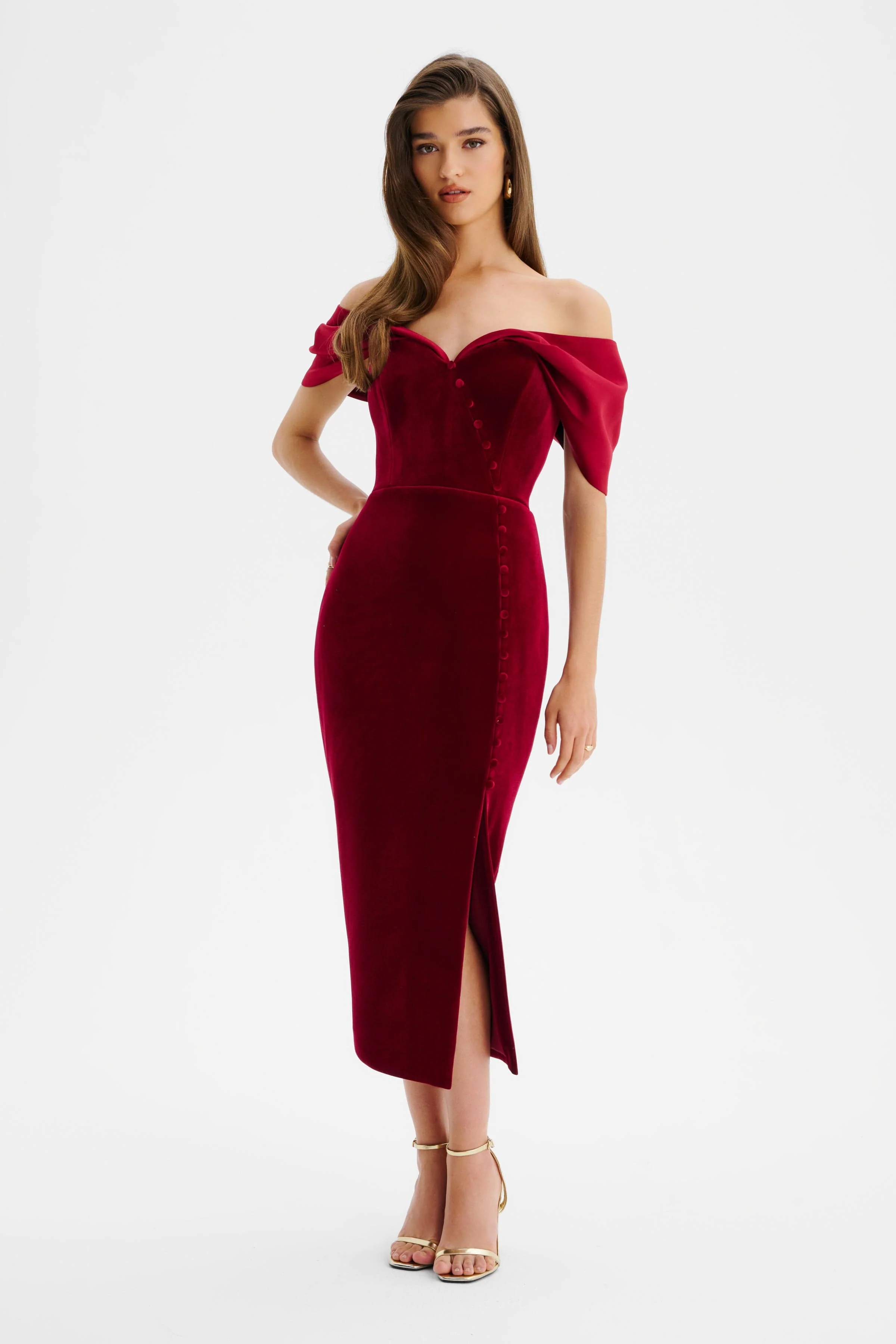 NOELLE Velvet Satin Mix Bardot Midi Dress In Burgundy