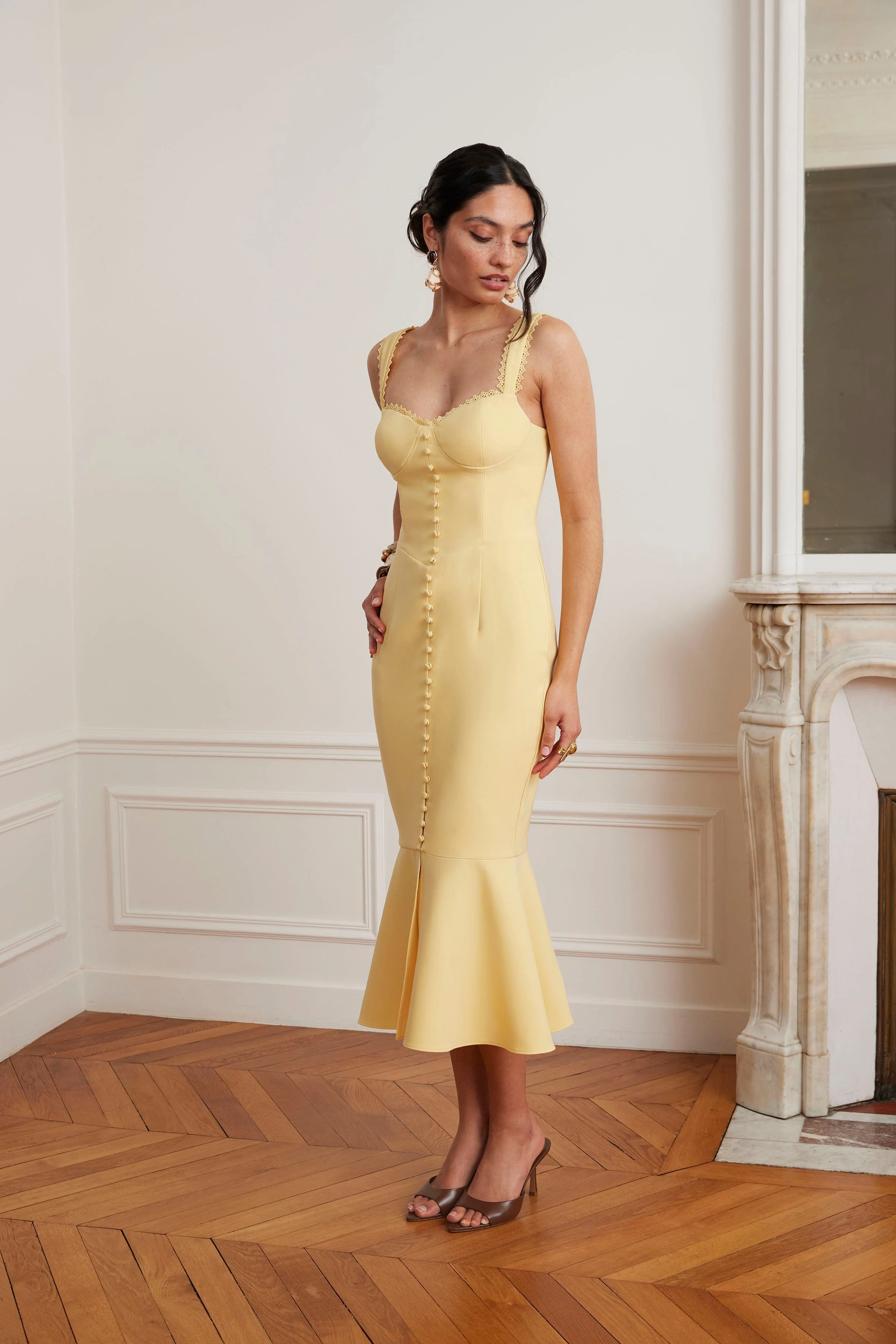 PEYTON Lace Trim Fishtail Midi Dress In Yellow - Image 3