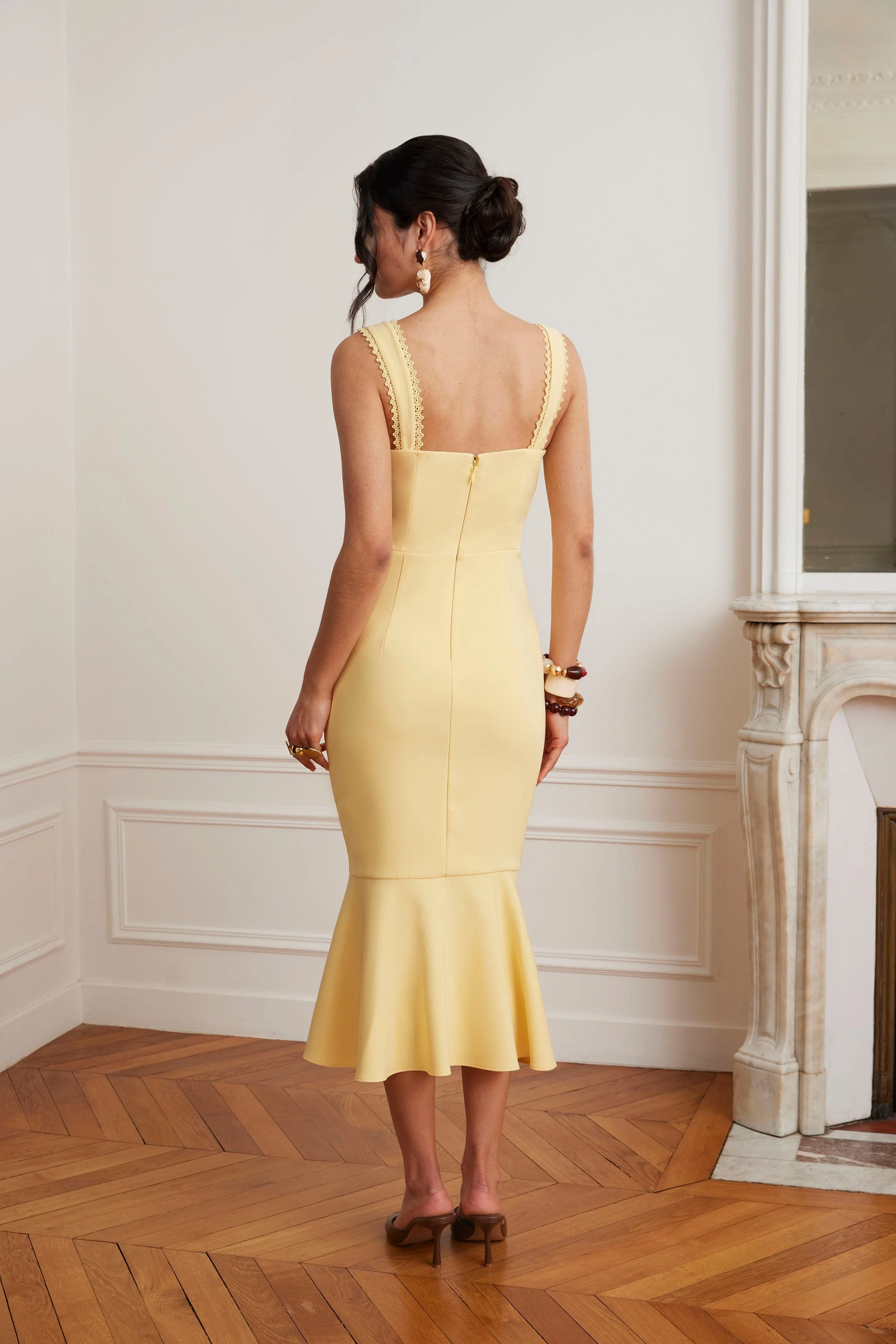 PEYTON Lace Trim Fishtail Midi Dress In Yellow - Image 4