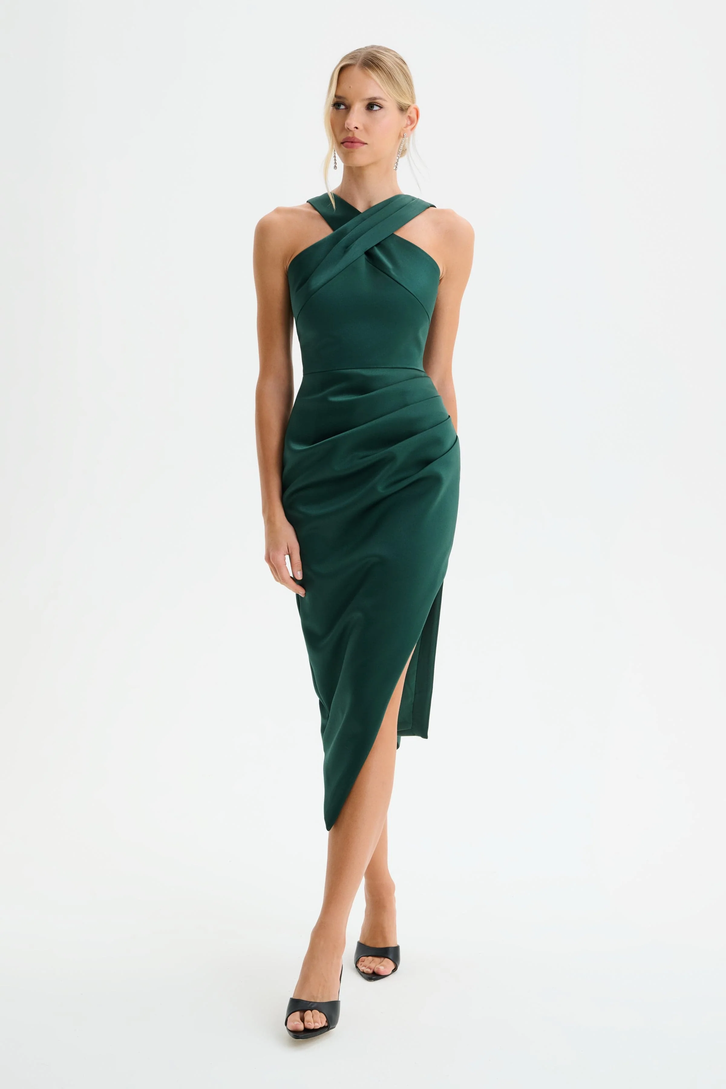 ROSE Cross Neck Bonded Satin Midi Dress with Drape in Emerald - Image 2