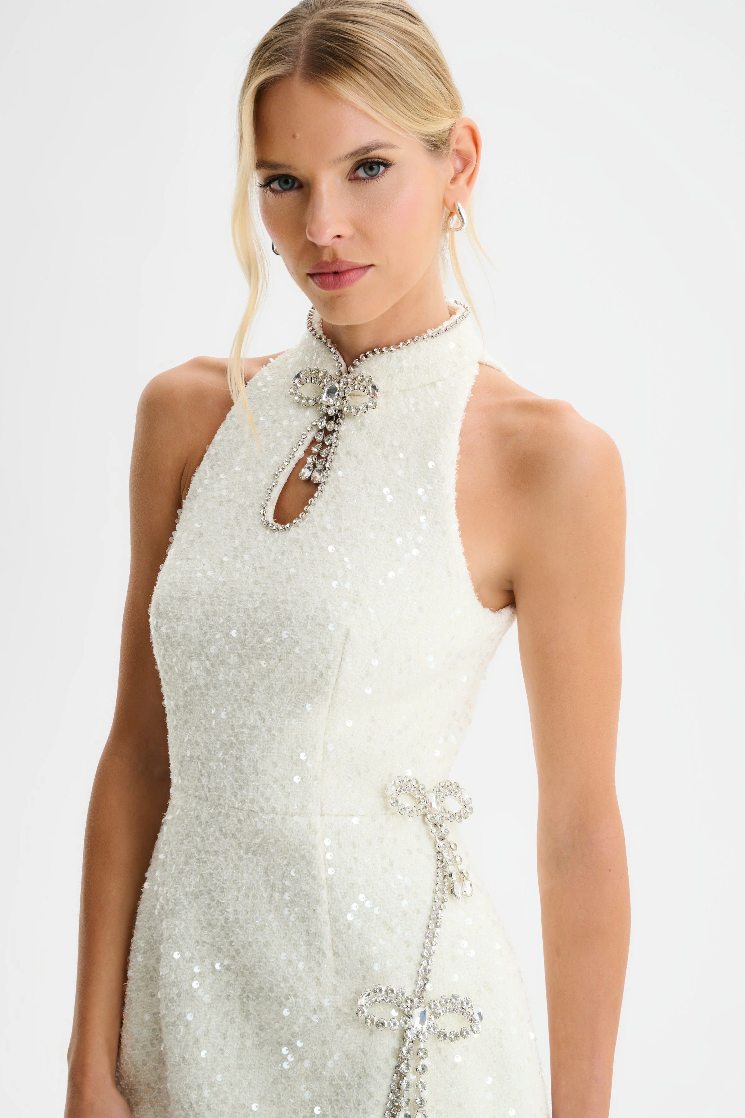 SOLENE Sequin Boucle High Collar Mini Dress with Bow Embellishment in Cream - Image 4